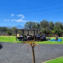 Shaded pergola seating area at WildWind resort with garden views