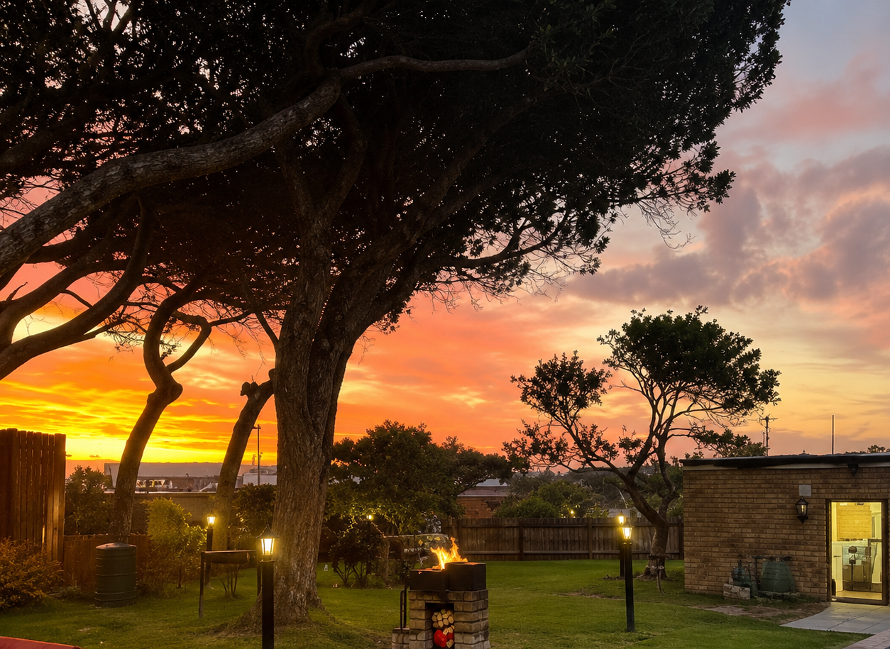 WildWind resort grounds at sunset with warm amber sky